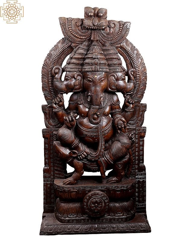 83" Large Wooden Three Heads Lord Ganesha Seated on Rat with Kirtimukha