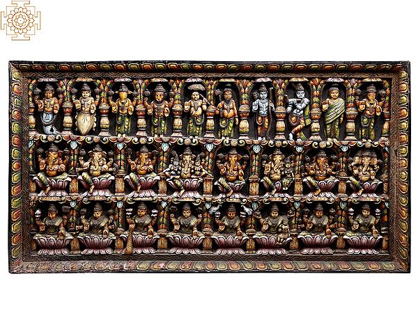 61" Large Wooden Dashavatara, Ashta Ganapati and Ashta Lakshmi Wall Panel