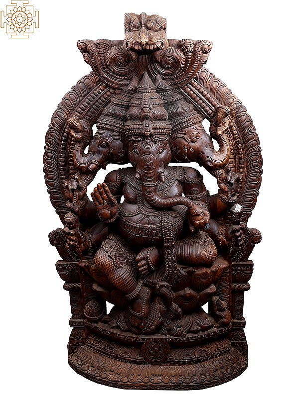 72" Large Wooden  Trimukha Ganapati (Three Heads Sitting Lord Ganapati with Kirtimukha)