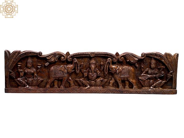 35" Gaj Ganesha with Lakshmi and Saraswati in large size Wooden Panel