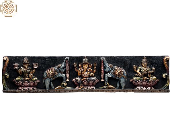 36" Large Wooden Wall Panel of Ganesha with Lakshmi and Saraswati