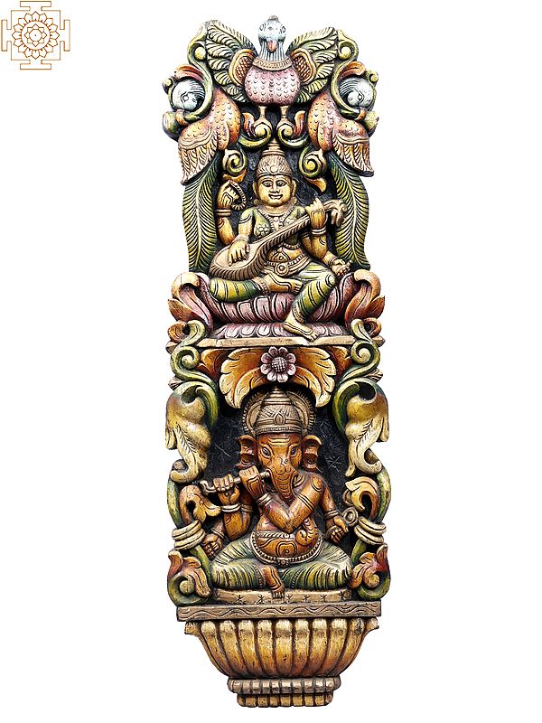 37" Large Wooden Goddess Saraswati with Veena & Lord Ganesha Playing Flute Wall Panel