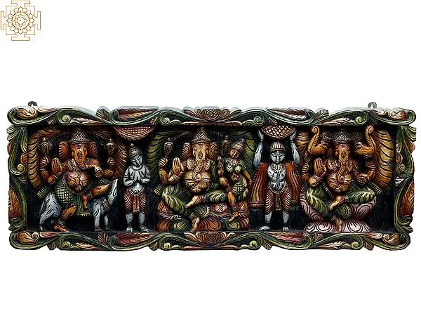 36" Large Wooden Lord Ganapati with His Different Forms Wall Panel