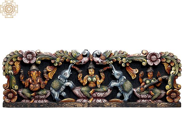 36" Large Wooden Colorful Gaja Lakshmi with Ganesha and Saraswati Wall Panel