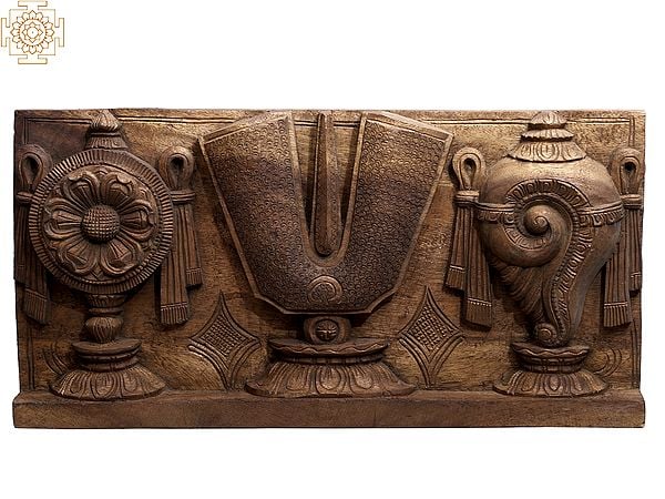 24" Wooden Vaishnava Symbols (Chakra, Tilak and Conch) Wall Panel