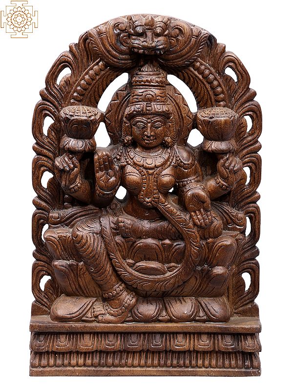 16" Wooden Statue of Sitting Goddess Lakshmi with Kirtimukha