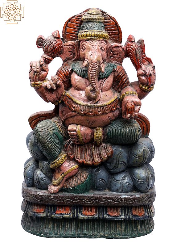 11" Wooden Sitting Four Hands Lord Ganesha