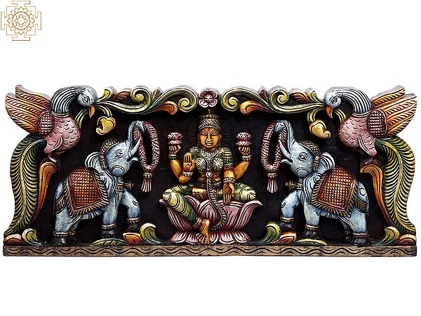29" Wooden Colorful Gaja Lakshmi Panel Framed by Peacocks