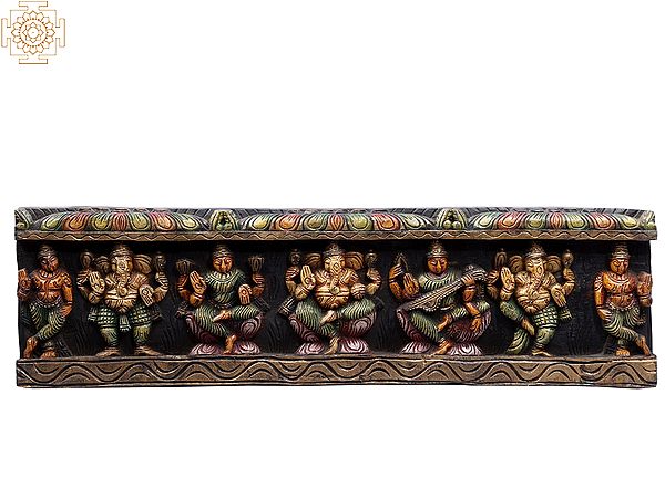 28" Wooden Lord Ganapati with Devi Lakshmi and Devi Saraswati Wall Panel
