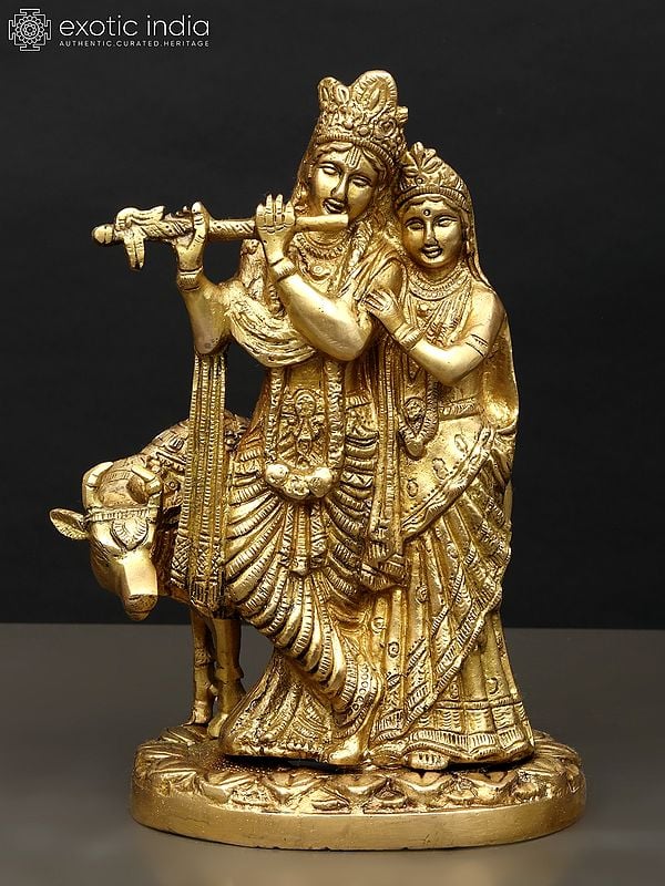 9" Radha Krishna with Cow in Brass | Handmade | Made in India