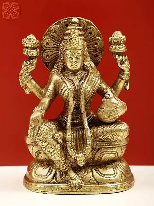 6" Four Armed Goddess Lakshmi with Wealth Pot In Brass