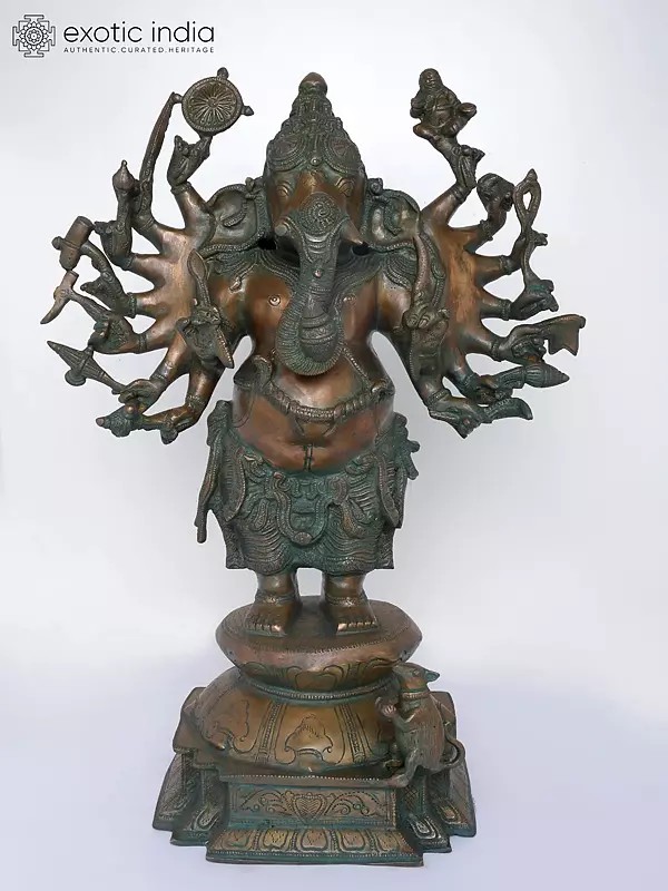 Sixteen-Armed Vira-Ganesha Brass Statue | Handmade