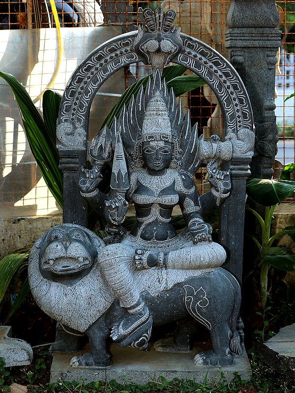 61" Large Goddess Mariamman Seated on Lion (South Indian Durga) | Shipped by Sea Overseas