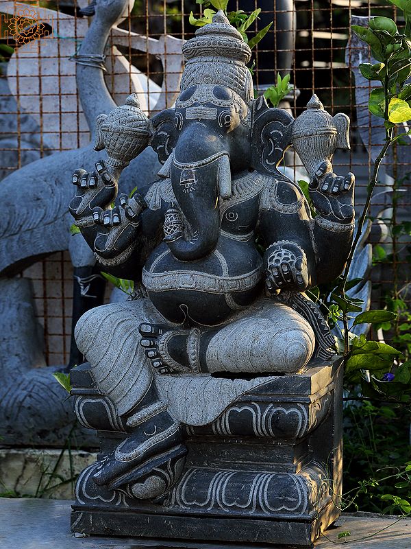48" Large Four Hands Sitting Lord Ganapati Statue Exotic India Art