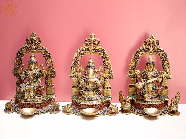 9" Brass Lakshmi Ganesha Saraswati Set with Diya