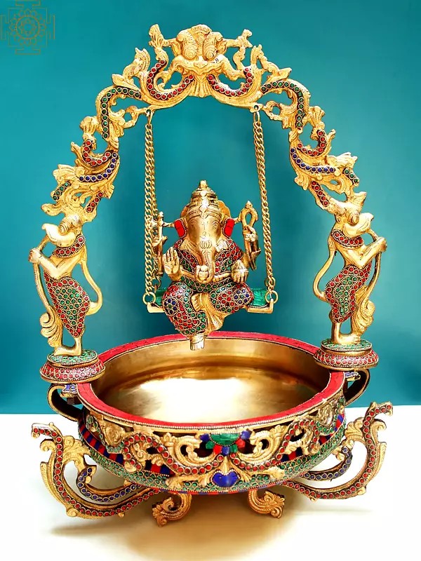 20" Brass Lord Ganesha Urli with Inlay Work