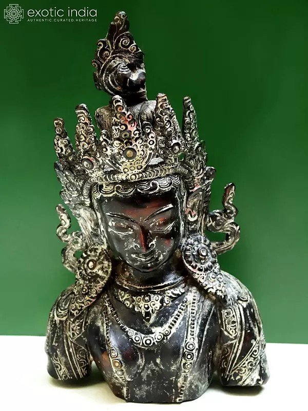 11" Crowned Buddha Face Copper Statue from Nepal