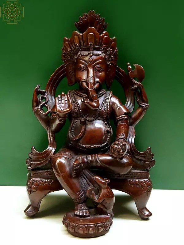9" Lord Ganesha Seated on Pedestal | Copper Statue from Nepal