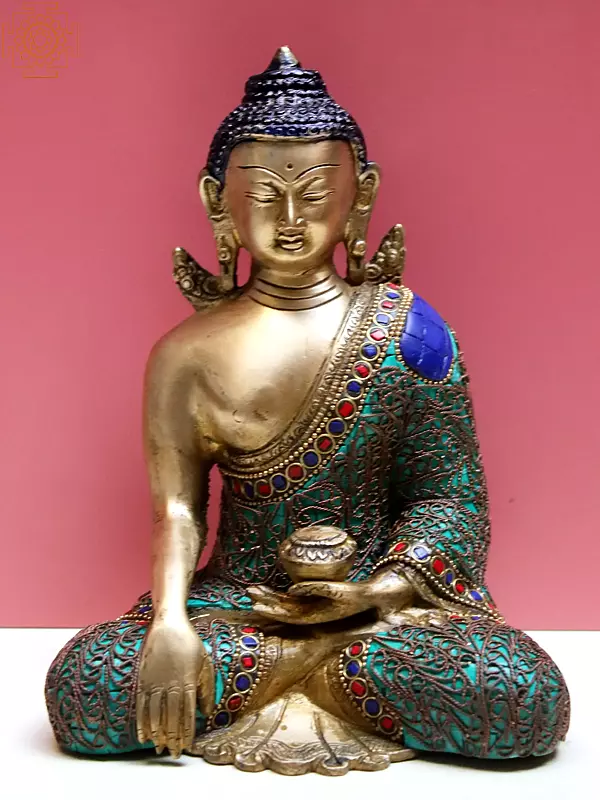 7" Brass Bhumisparsha Buddha Statue with Inlay Work