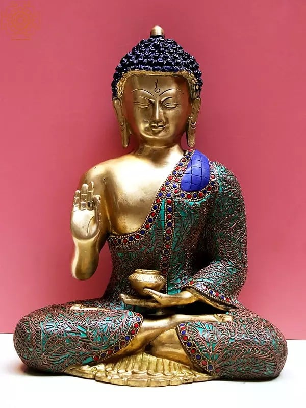 12" Brass Gautam Buddha Preaching His Dharma with Inlay Work