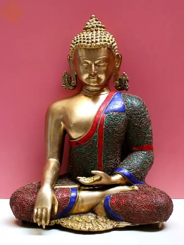 13" Brass Bhumisparsha Buddha with Inlay Work