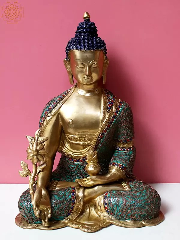 9" Brass Medicine Buddha with Inlay Work