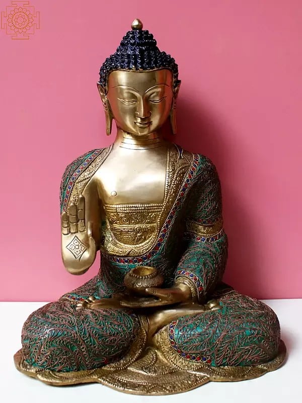 16" Brass Gautam Buddha Preaching His Dharma with Inlay Work