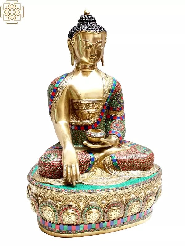 21" Brass Bhumisparsha Buddha with Inlay Work