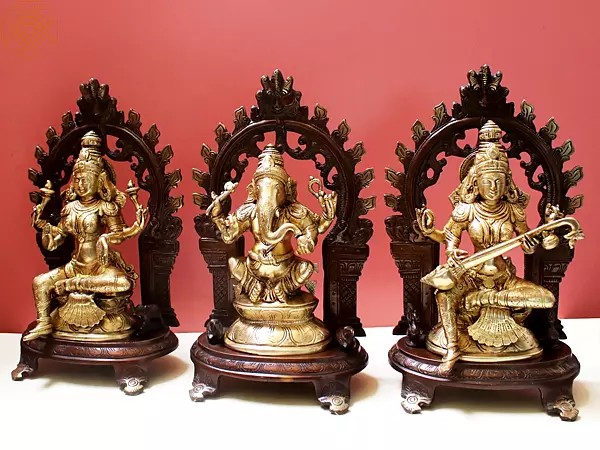 12" Brass Ganesha Lakshmi Saraswati Set