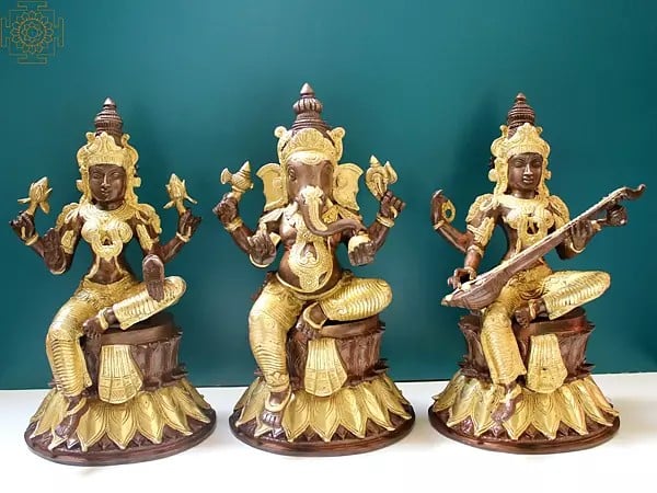 14" Lakshmi Ganesha Saraswati Seated on Lotus Design Pedestal Set In Brass
