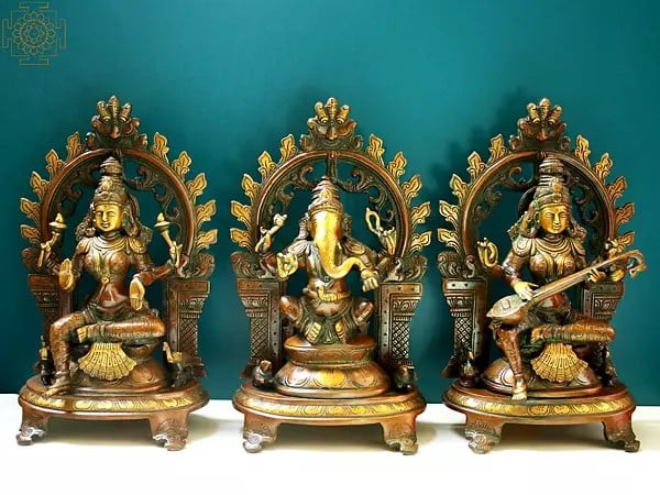 11" Lakshmi Ganesha Saraswati Seated on Pedestal Set In Brass