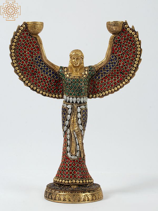 12" Egyptian Goddess Isis with Candle Holder | Brass with Inlay Work
