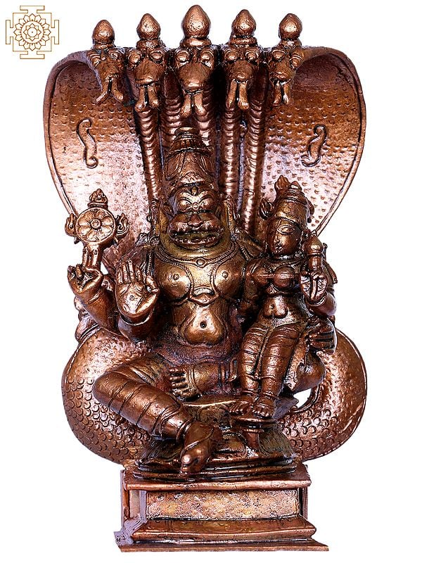 6" Bronze Narasimha Vatarara of Lord Vishnu with Devi Lakshmi Seated on Sheshnag Throne