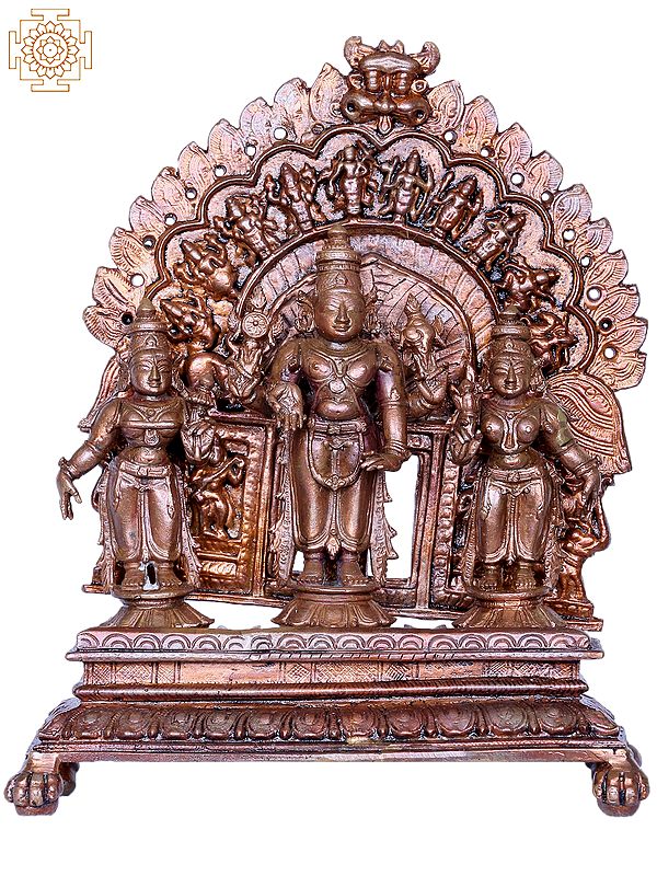 7" Lord Vishnu Bronze Idol with Sridevi and Bhudevi with Dashavatara Arch