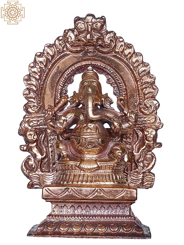 3'' Lord Ganesha Bronze Statue Seated on Pedestal with Arch