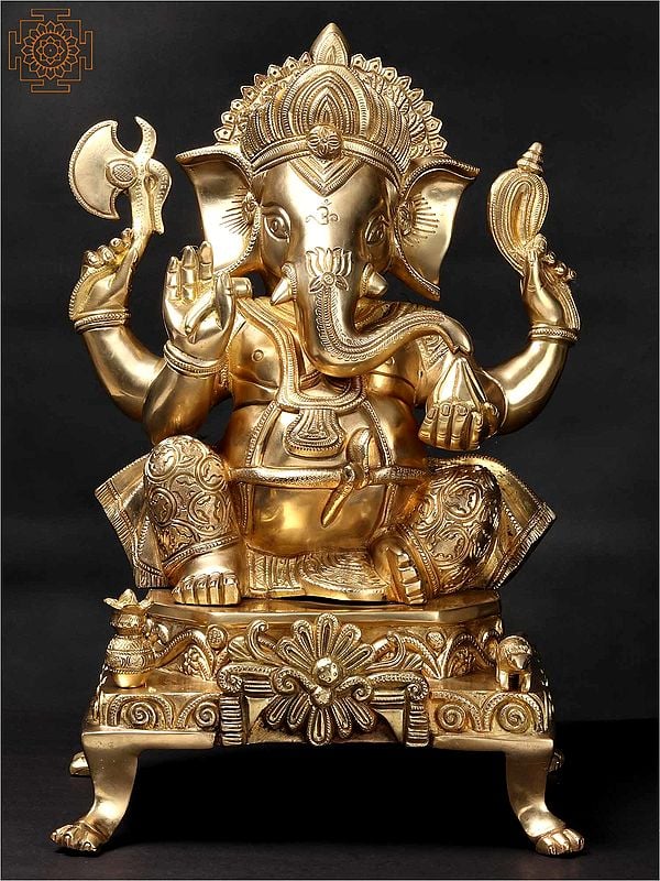 17'' Hindu God Ganesha Seated On Chowki | Brass Statue