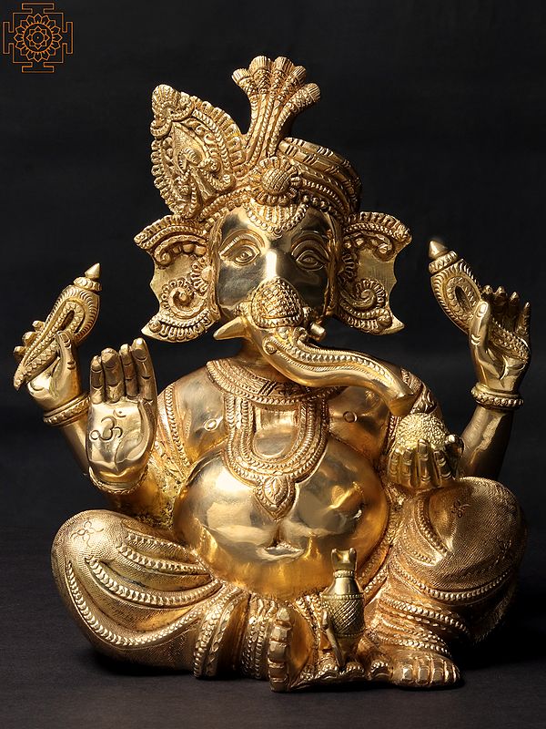 10'' Seated Lord Ganesha In Turban | Brass Statue
