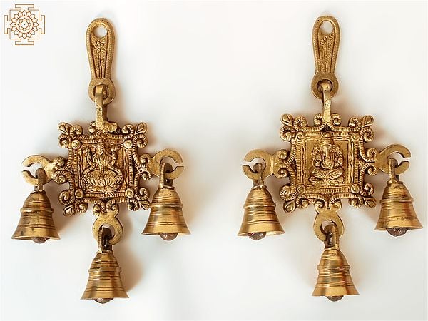 7" Brass Pair of Ganesha Lakshmi Wall Hanging Bells