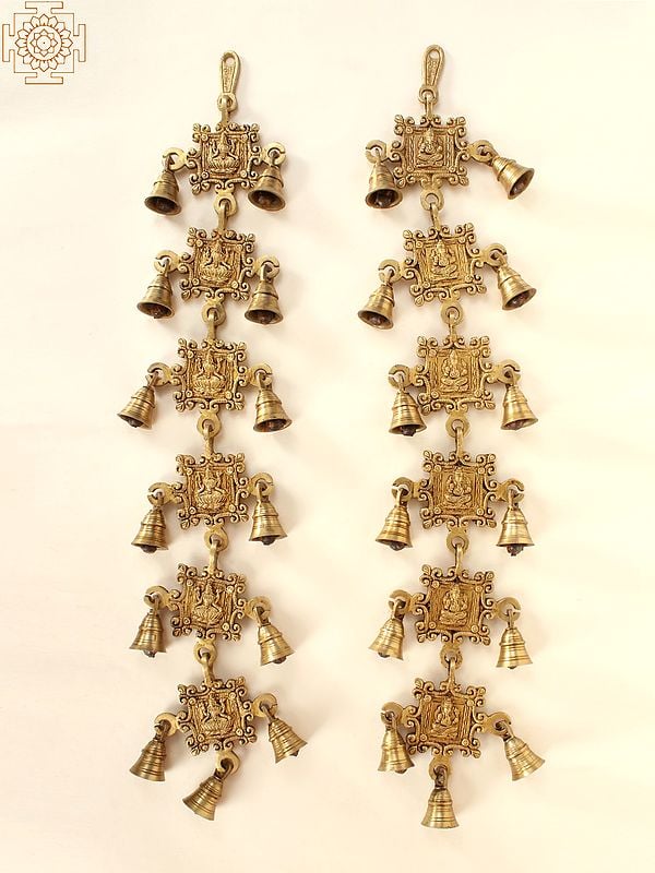 26" Brass Pair of Ganesha Lakshmi Wall Hanging Bells