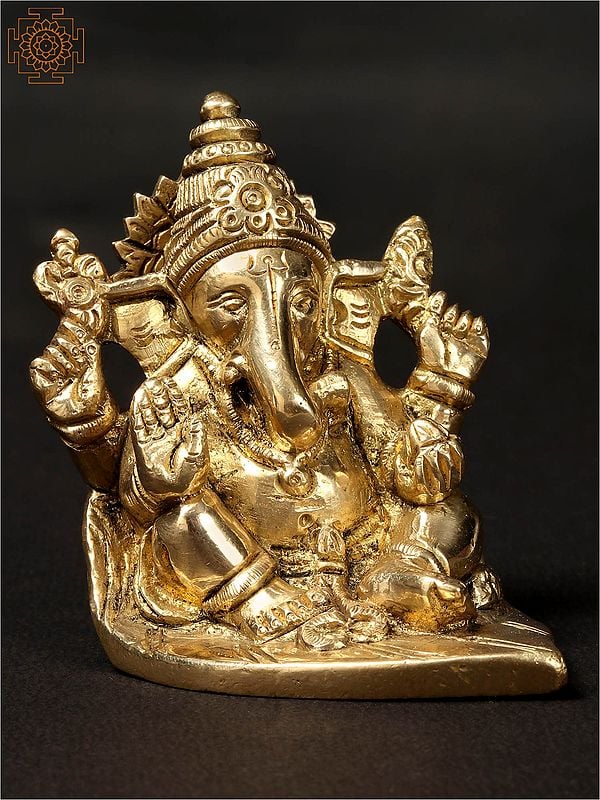 3'' Small Ganesha Idol Seated on Leaf | Brass Statue