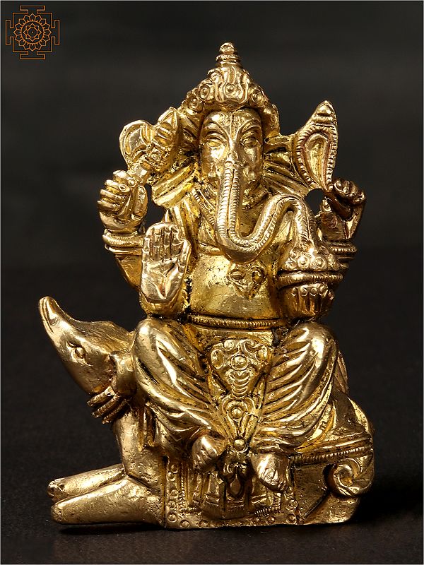3'' Small Ganesha Idol Seated on Mushak | Brass Statue
