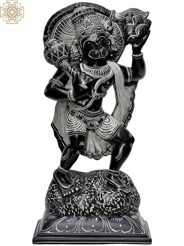 10'' Lord Anjaneyar (Hanuman) Carrying Sanjeevani | Stone Statue