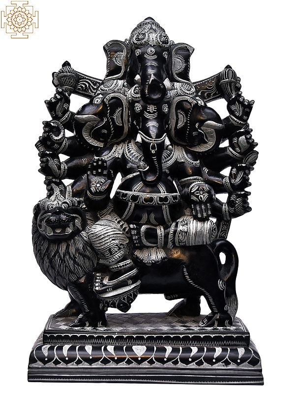 13'' Heramba Ganesha Seated On Lion | Stone Statue