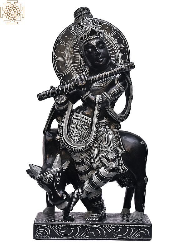 12" Lord Krishna Playing Flute with Cow