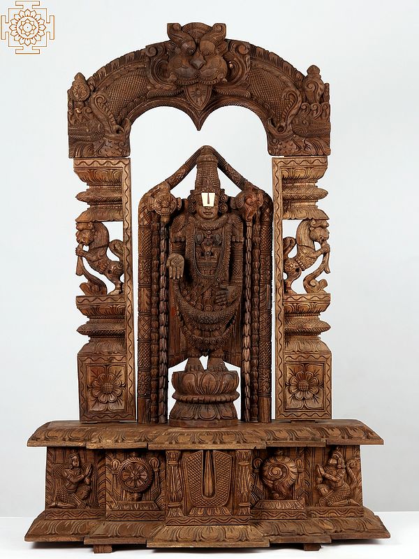 44" Tirupati Balaji (Venkateshvara) with Garuda and Hanuman | Wooden Statue