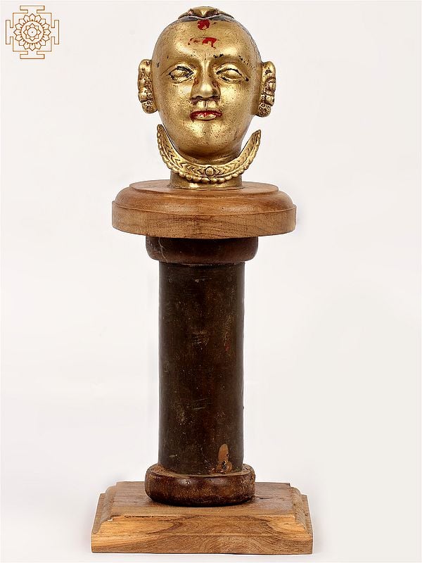 11" Brass Gauri Head (Devi Parvati) on Wooden Stand