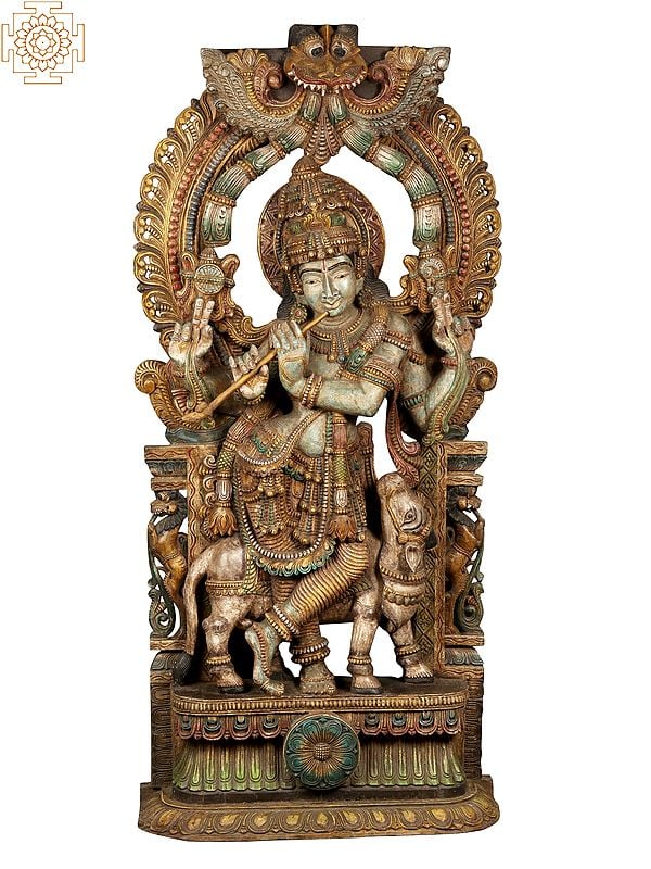 74" Large Lord Krishna Playing Flute with Cow | Wooden Statue