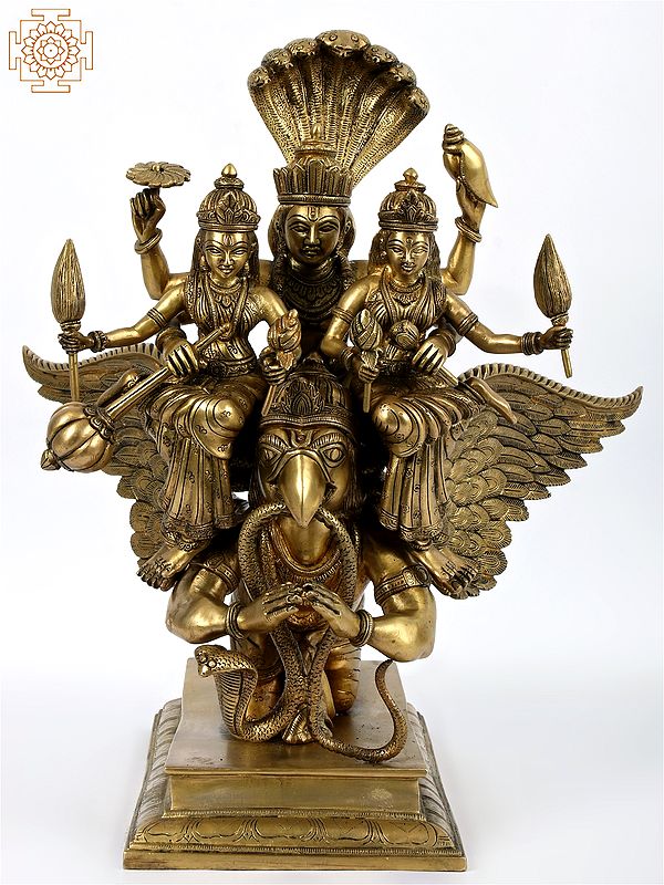 18'' Sridevi Bhudevi Vishnu Seated On Garuda | Brass