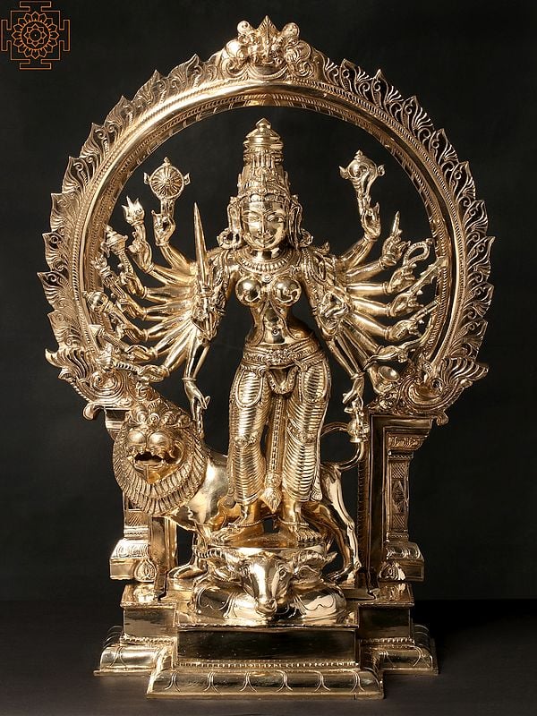 23" Bronze Eighteen Armed Goddess Durga Standing on Bull with Lion