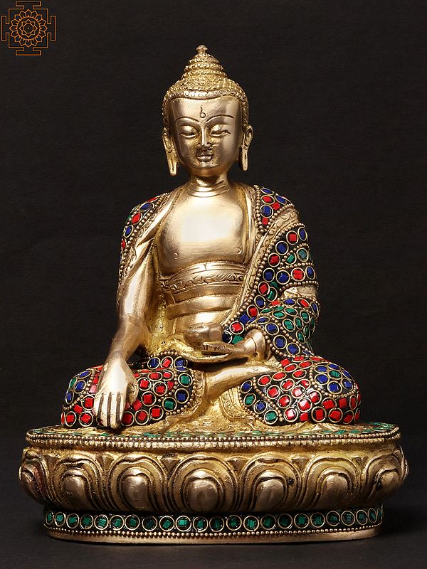 8'' Seated Bhumisparsha Mudra Buddha | Brass With Inlay Work